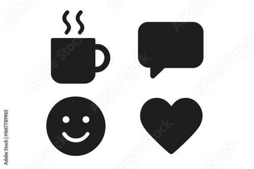 Vector icons set of virtual coffee break concept with coffee mug, chat bubble, smiley face, and heart symbol for online communication and social interaction