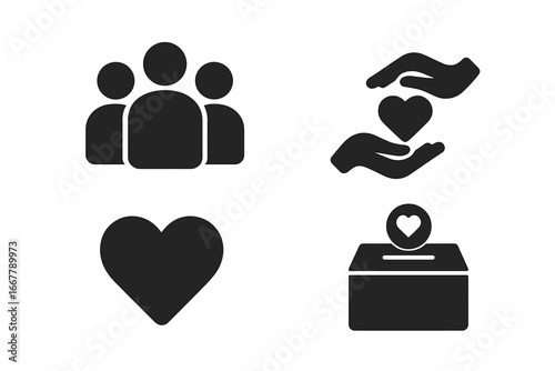 Social responsibility solid glyph icon set. Charity, donation, community support, volunteering concept. Vector icons of helping hand, donation box, people group and love heart.