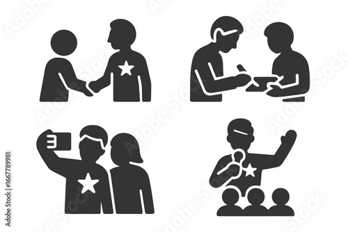 Celebrity and fan interaction glyph icon set. Famous performer meet and greet, signing autograph, taking selfie and public performance. Star and audience vector pictograms.