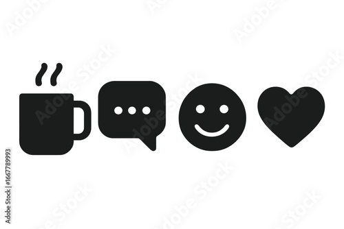 Solid filled vector icons of virtual coffee break with coffee mug, chat bubble, smiley face, and heart symbol, minimalist design for online socializing and communication