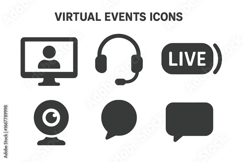Solid filled vector icons set of virtual events including computer screen with user, headset, live stream button, webcam, chat bubbles, communication symbols