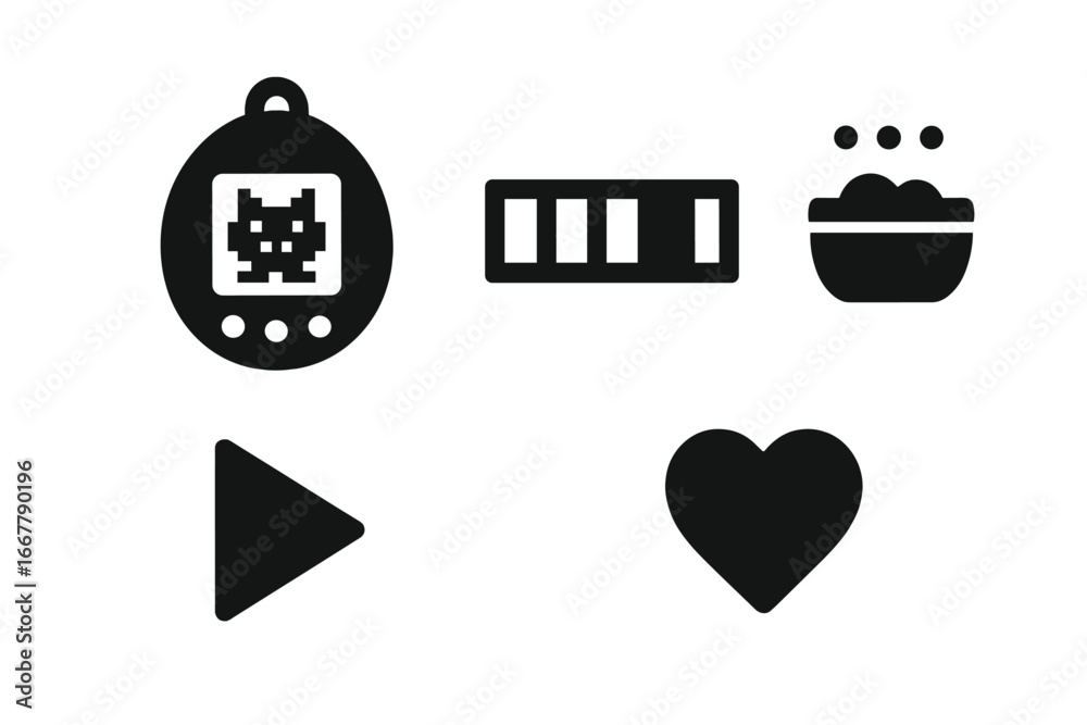 Virtual pet icons set with pixel pet, status bar, hunger meter, play button, and heart symbol, solid filled vector illustration for digital pet interface and game design