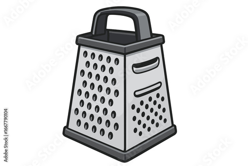 Box grater for shredding, slicing, and grating food. Kitchen utensil for cooking preparation. Vector cartoon illustration isolated on a transparent background. Metal kitchenware.