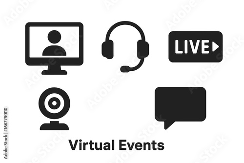 Virtual Events Icons Collection, Solid Filled Set with Computer Screen Profile, Headset, Live Stream Button, Webcam, Chat Bubble, Social Media and Online Communication Vector Illustration