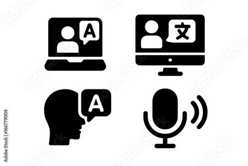 Virtual language exchange icons, solid filled vector set featuring video call, computer screen, voice chat, speech bubbles with letters, and communication symbols for language learning