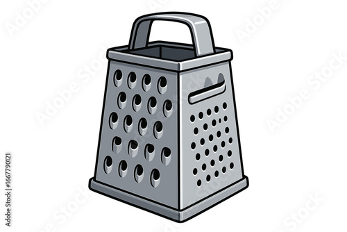 Metal box grater for shredding, slicing, and grating. Kitchen utensil for cooking and food preparation. Versatile culinary tool concept. Vector cartoon of a steel cheese grater.