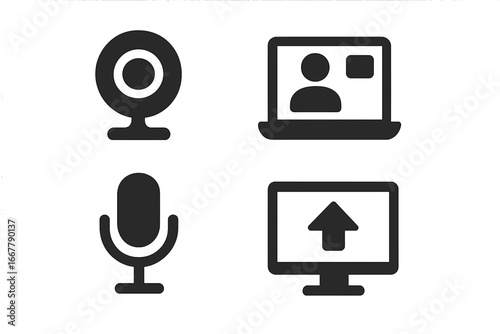 Virtual meeting icons solid filled set with webcam, laptop video call, microphone, screen sharing symbols, remote communication, online conference vector illustration transparent background