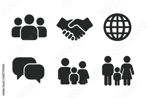 Society, community, and family life icon set. Vector glyphs for social issues, population, relationships, global unity, public communication, and group support systems.