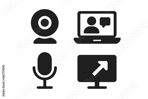 Virtual meeting icons set, solid filled style, webcam, laptop video call, microphone, screen sharing, remote communication symbols, vector illustration on transparent background