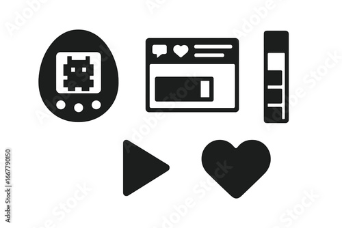 Solid pixel art virtual pet icons set including digital pet device, status bar, hunger meter, play and heart interface vector illustration transparent