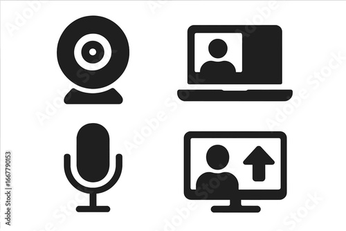 Virtual Meeting Icons Solid Filled Set with Webcam, Laptop Video Call, Microphone, Screen Sharing Vector Illustration on Transparent Background for Remote Work