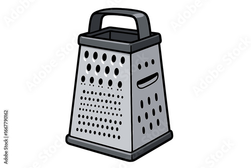Metal box grater vector illustration. Kitchen utensil for cooking, food preparation. Tool for shredding, slicing, grating ingredients like cheese, carrots, potatoes. Isolated.