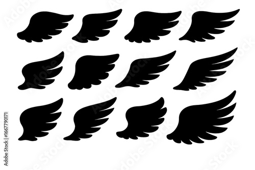 Variety of black wing silhouette designs showcasing diverse styles and shapes for creative art, graphic design, tattoo, cosplay, fashion, and digital projects in vector cartoon illustration