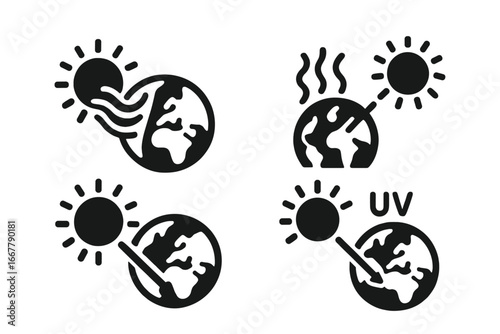 Solar Earth interaction icon set. Sun planet pictograms. Global warming, climate change, solar wind, heat wave, sunbeam, and UV radiation solid glyph symbol collection.