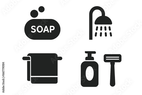 Personal hygiene solid icons. Bathroom amenities glyph set. Vector elements of soap, shower, towel, shampoo, and razor. Body care, washing, and grooming symbols.
