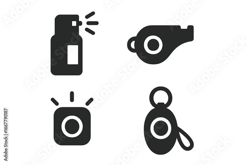 Personal safety devices solid icon set. Vector glyph illustrations for self-defense. Emergency panic button, pepper spray, whistle, and alarm for security and protection.