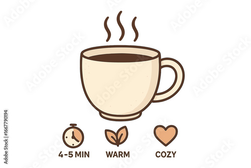Hot beverage vector illustration with brewing time instructions. Minimalist cartoon coffee or tea mug with steam, warm, and cozy icons. Infographic for cafe, menu, comfort.