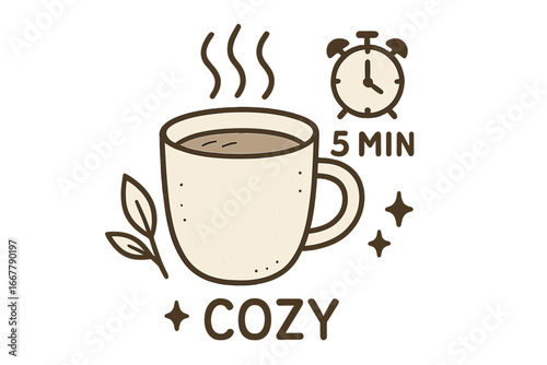 Hot beverage icon with brewing time. Cozy mug of tea or coffee, vector cartoon illustration. Minimalist doodle for comfort, relaxation, hygge, cafe menu, warm drink concepts.