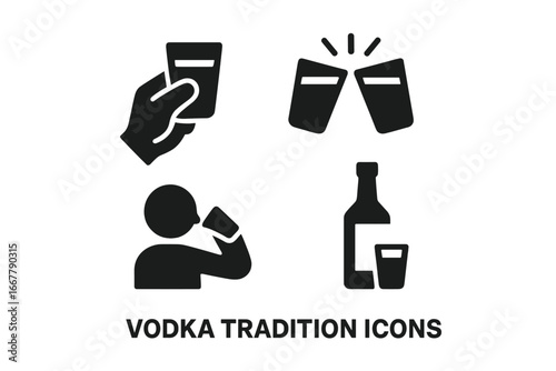 Vodka Tradition Icons. Solid Filled Vector Set of Vodka Drinking Traditions with Toast Gesture, Cheers Clinking Glasses, Drinking Shots, Bottle and Glass Illustration on Transparent Background