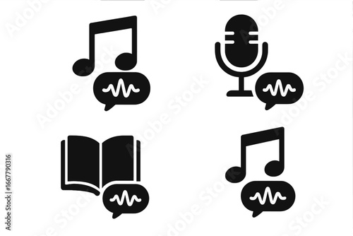 Voice Activated Icon Set, Solid Filled 4 Icons Bundle for Voice Control, Entertainment Music Notes, Podcast Microphone, Audiobook Symbol, Audio Wave Vector Illustration Transparent