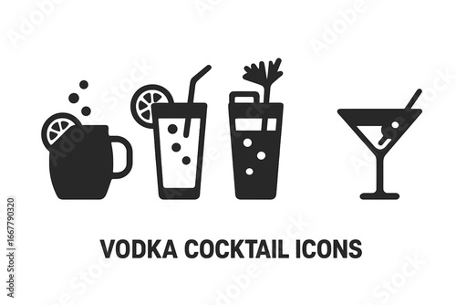 Solid Filled Vodka Cocktail Icons Set Including Moscow Mule, Vodka Tonic, Screwdriver, Bloody Mary, and Vodka Martini Vector Illustrations on Transparent Background
