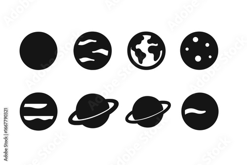 Solar system planets icon set. Solid glyph vector collection of cosmic bodies. Earth, Mars, Jupiter, Saturn, Mercury, Venus, Uranus, Neptune. Astronomy silhouette symbols.