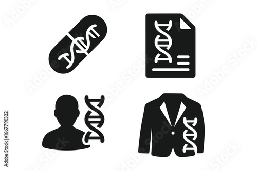 Personalized medicine icon set. Genomics and genetic testing concept. DNA, gene therapy, pharmacogenomics, and tailored treatment symbols. Solid glyph vector icons.