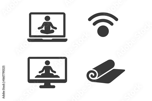 Virtual Yoga Icons Set, Solid Filled Symbols of Online Yoga Sessions with Instructor on Laptop and Desktop, Streaming WiFi Signal, Virtual Yoga Mat Roll, Vector Illustration