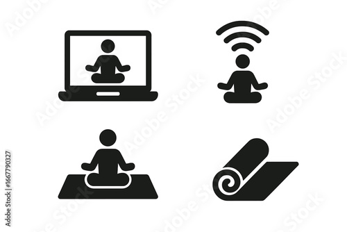 Virtual Yoga Icons Solid Filled Vector Set with Laptop Instructor Streaming, Meditation Pose with WiFi Signal, Yoga Mat Roll and Virtual Mat Illustration on Transparent Background