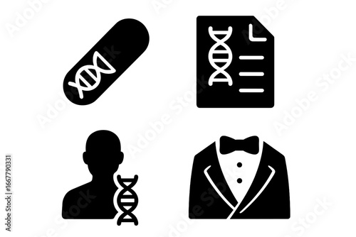 Personalized medicine icon set. Genomics and DNA based healthcare concept. Genetic report and tailored treatment pill. Precision medicine vector icons for pharmacogenomics design.