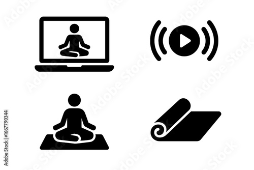 Virtual Yoga Icons, Solid Filled Vector Set of Online Yoga Sessions with Instructor on Laptop, Streaming Video Icon, Virtual Yoga Mat, Digital Wellness, Meditation and Fitness Symbols