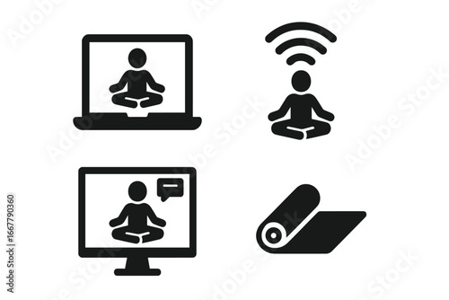 Virtual Yoga Icon Set, Solid Filled Symbols of Online Yoga Sessions on Laptop, Streaming Meditation with Instructor, Digital Practice Mat, Vector Illustration on Transparent Background