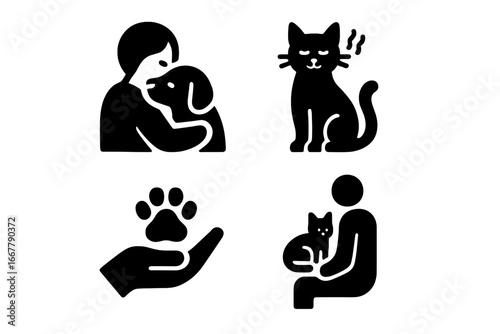 Pet comfort icon set. Solid glyphs of dog cuddle, cat purring, paw in hand, animal on lap. Human and pet friendship, love, care, adoption concept. Vector illustration pack.