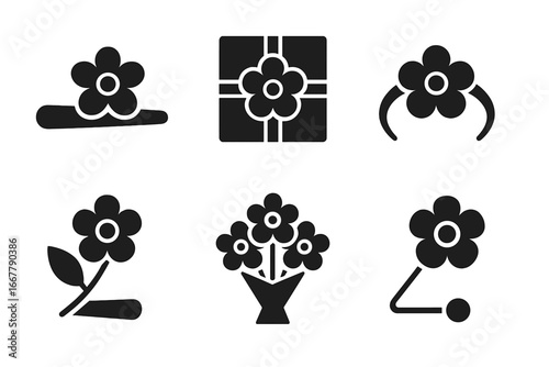 Solid flower glyph icon set. Floral decoration and gift symbols collection. Vector silhouettes of a bouquet, corsage, hair clip, headband, and a present with a flower design.