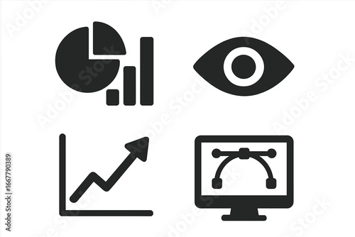 Visual communication icons solid filled set with infographic chart, eye symbol, rising graph arrow, and vector design elements on transparent background