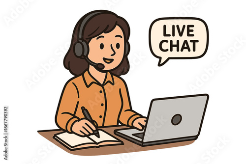 Virtual assistant providing customer support with live chat communication and efficient note-taking. Vector cartoon illustration with headset, laptop, and friendly service concept.