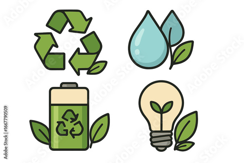 Eco friendly icons set. Green energy, ecology symbols. Recycle sign, water drop, leaf, rechargeable battery, light bulb with sprout. Vector illustration for sustainability concept.
