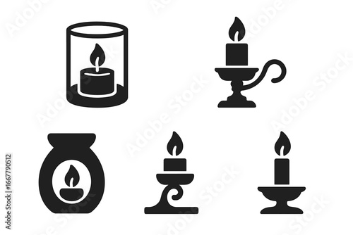 Candle holder solid glyph icon set. Spa, relaxation, aromatherapy vector symbols. Candelabrum, candlestick, aroma lamp, wax warmer silhouettes for wellness and meditation.