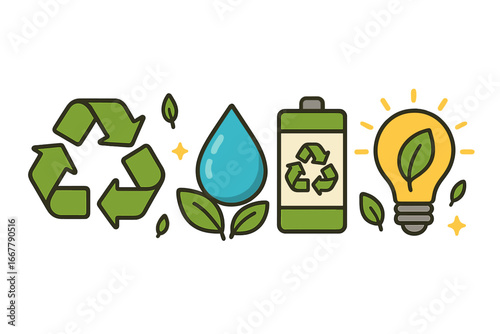Ecology icon set promoting sustainability and recycling. Eco friendly symbols for green energy, water conservation, and renewable power. Vector cartoon environmental concept.