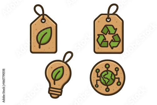 Eco friendly icon set. Sustainability and green technology symbols. Vector cartoon illustration of recycle sign, leaf tag, bio energy lightbulb and global network planet earth.