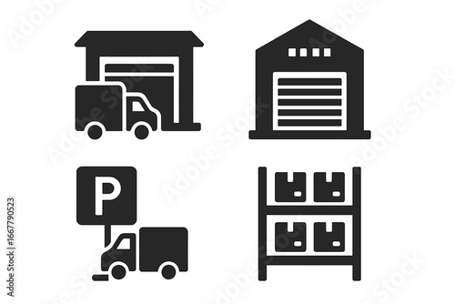 Warehouse Icon Set, Solid Filled 4-Piece Vector Illustration Including Loading Bay with Truck, Warehouse Building, Truck Parking Area, and Storage Shelves for Logistics and Industry