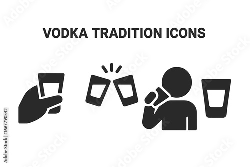 Vodka Drinking Tradition Icons Set, Solid Filled Vector Illustrations of Toast Gesture, Cheers Clinking Glasses, Shot Drinking Ritual, Alcohol Celebration Symbols