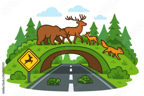 Wildlife crossing design illustrating safe animal passage over highways in an eco-friendly natural forest setting with diverse animal species, vector cartoon illustration