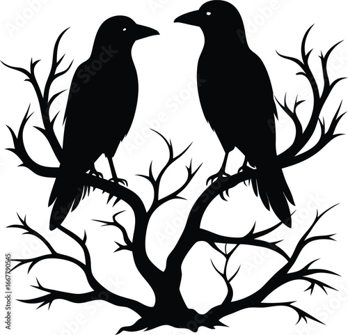 two crows facing each other on eerie tree branch