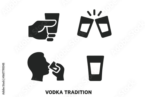 Solid filled vodka tradition icons set, including drinking shot gesture, clinking cheers glasses toast, and person drinking, vector illustration on transparent background