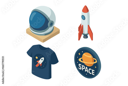 Isometric space souvenirs icon set. Vector flat design merchandise collection. Astronaut helmet, model rocket, space t-shirt print and planet badge for gift shop memorabilia.