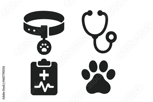 Pet safety and veterinary care solid icon set. Vector glyphs for animal wellness, including pet collar with ID tag, vet stethoscope, medical health chart, and paw print.