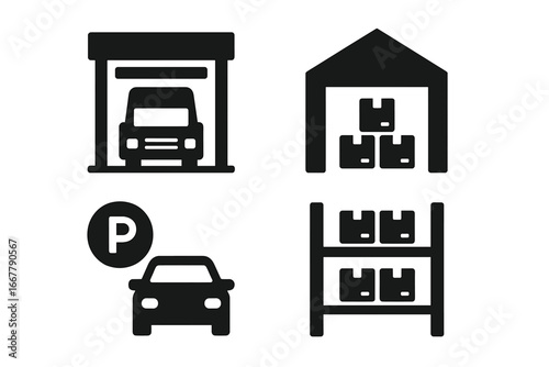 Solid Warehouse Icon Set, Filled Vector Illustration of Warehouse Infrastructure Including Loading Bay, Storage Building, Parking Area, and Shelving Units, Transparent Background