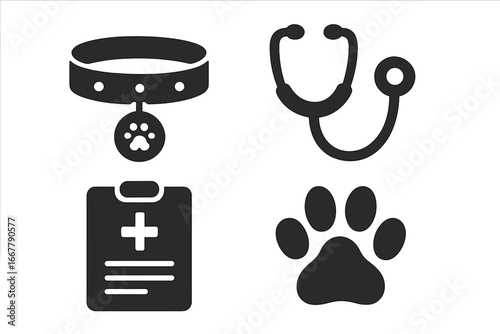 Pet safety and wellness icon set. Solid glyph icons for veterinary clinic. Dog collar, ID tag, vet stethoscope, health chart, paw print. Animal care vector illustration.