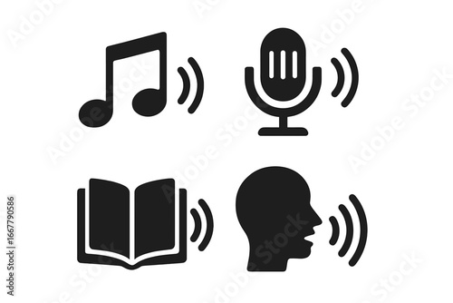 Voice-Activated Icons Set, Solid Filled Vector Symbols of Entertainment, Music Notes, Podcast Microphone, Audiobook, Speech, Sound Waves, Communication, Digital Media